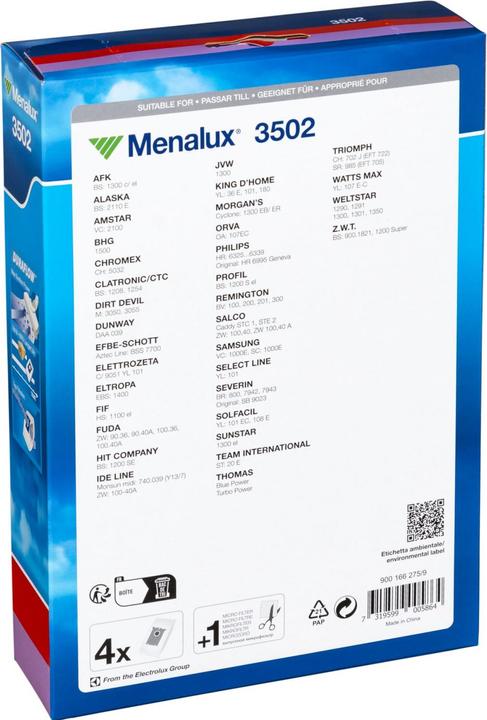Energy Label Menalux 3502 / 4 Vacuum Cleaner Bags / 1 Microfilter / Duraflow /Philips / AFK / Alaska (5 x)