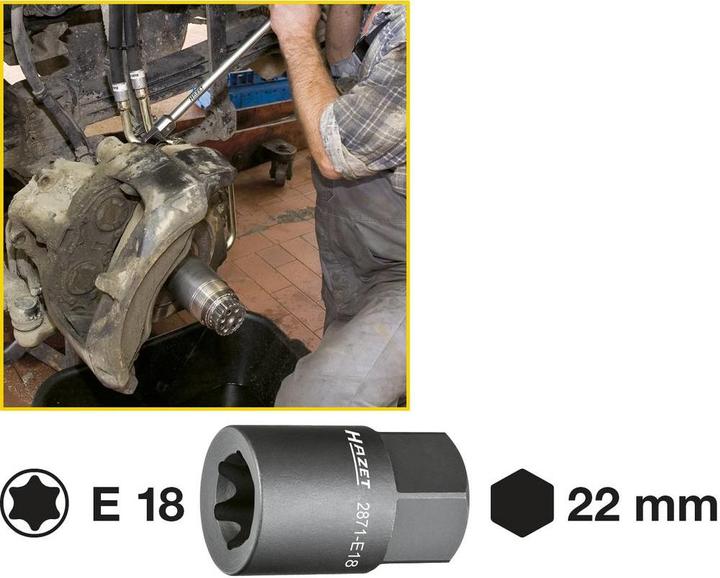 Produktbild HAZET Bremssattel TORX Einsatz 2871-E18 ∙ Aussen-Sechskant 22 mm ∙ Aussen TORX Profil ∙ E18