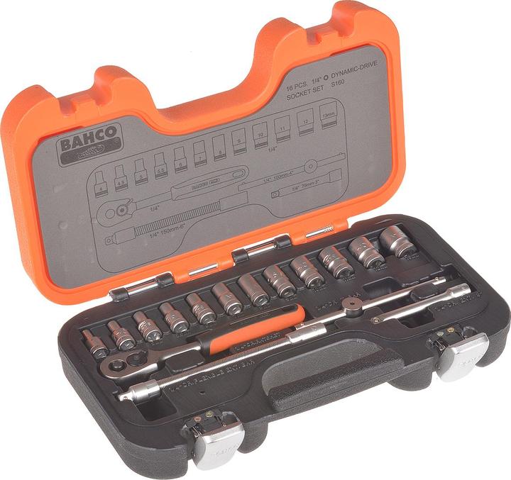 Actual product image Bahco 1/4"-Steckschlüssel-Satz, metrisch, Sechskant, inklusive Umschaltknarre - 16-teilig (13 mm, 8 mm, 10 mm, 4 mm, 11 mm, 7 mm, 12 mm, 6 mm, 9 mm, 5 mm)
