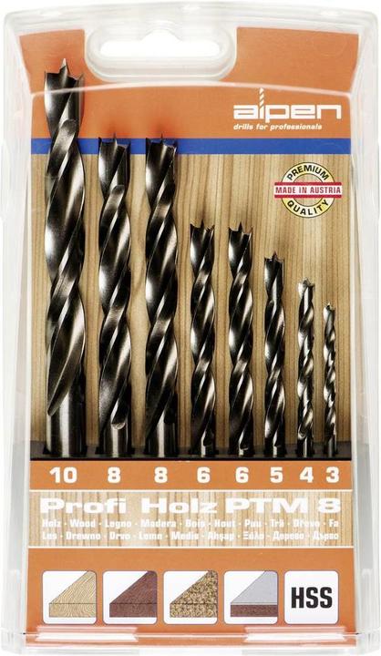 Alpen Wood twist drill set 8 pieces (3 mm, 4 mm, 5 mm, 6 mm, 8 mm, 10 mm)