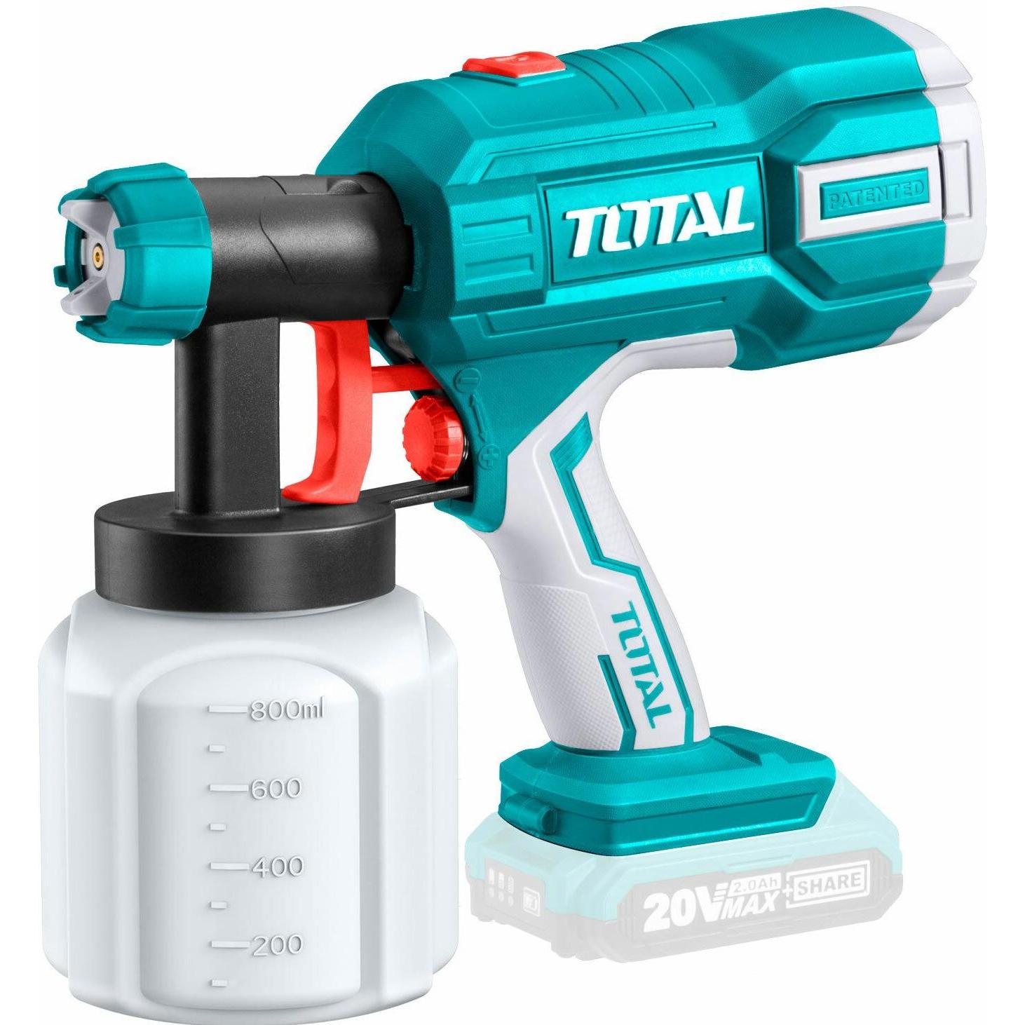 Total, Farbsprühsystem, Farbspritzpistole, 20V Li-Ion, 2000mAh - ohne Akku und Ladegerät
