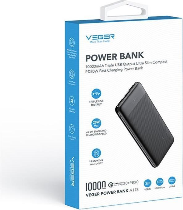 Actual product image Veger A11S Powerbank - 10'000mAh (10000 mAh, 20 W, 20 Wh)