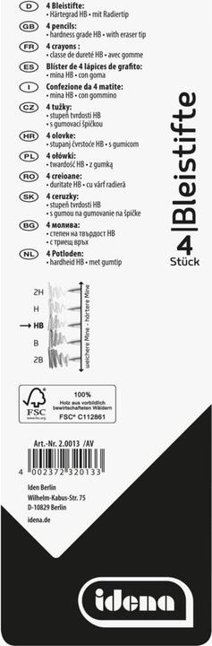Image du produit Idena Crayon HB 4 pièces avec pointe de gomme FSC100%. (2 mm, HB, 4 x)