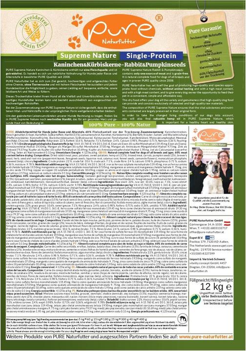 Nährwerte und Zutaten Pure Naturfutter PURE Kaninchen & Kürbiskerne - single Protein & getreidefrei (Senior, Adult, Junior, 1 Stk., 12000 g)