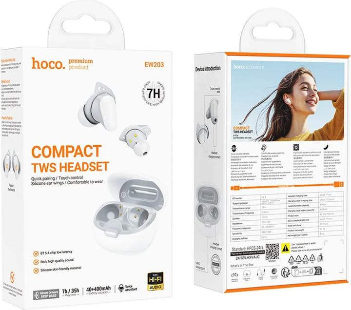 Immagine prodotto Hoco Wireless headphones wireless earphones bluetooth TWS EW203 white (7 h, Senza fili)