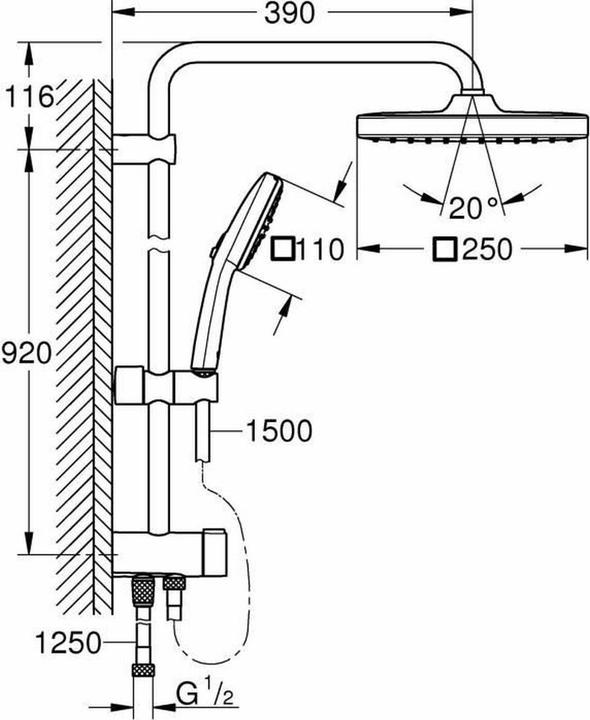 Produktbild Grohe Vitalio Comfort 250 Flex Duschsystem mit Umstellung, Reno-Set, Länge 920mm, wassersparend, chrom