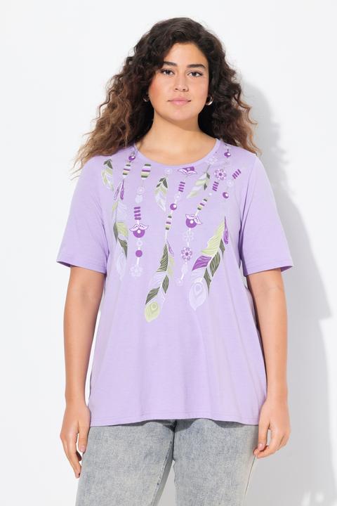 Immagine prodotto Ulla Popken T-shirt dal taglio svasato con piume, scollo a girocollo e mezze maniche (58)