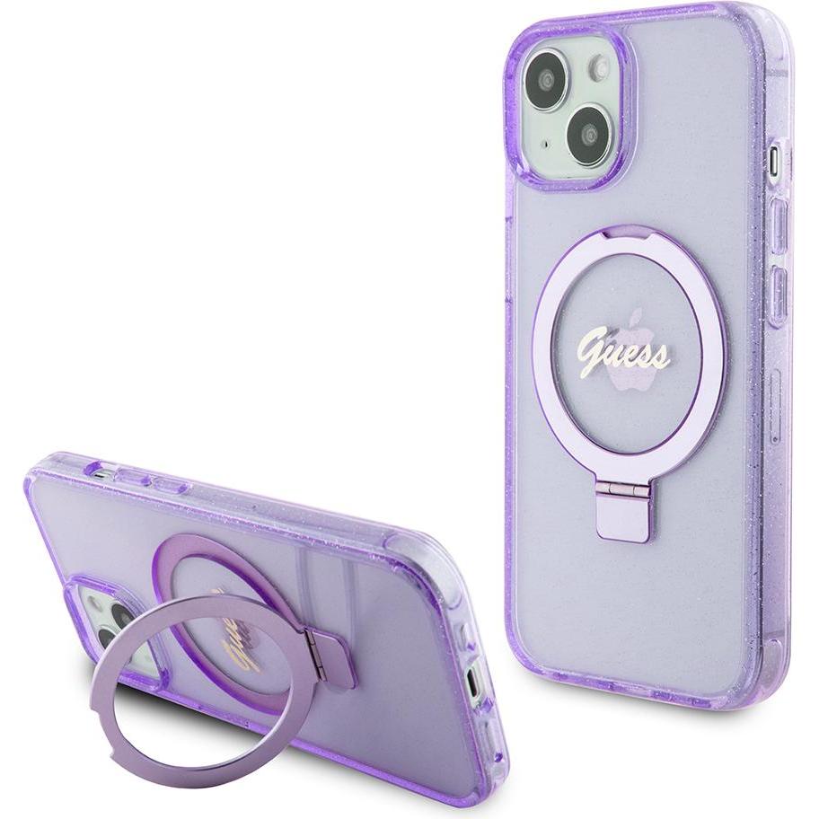 Guess GUHMP15SHRSGSU iPhone 15 6.1" fioletowy/purple hardcase Ring Stand Script Glitter MagSafe (Apple iPhone 15), Smart...