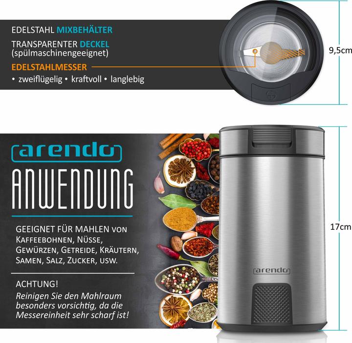 Immagine prodotto Arendo Macinacaffè elettrico in acciaio inox, macinacaffè per spezie, lama in acciaio inox