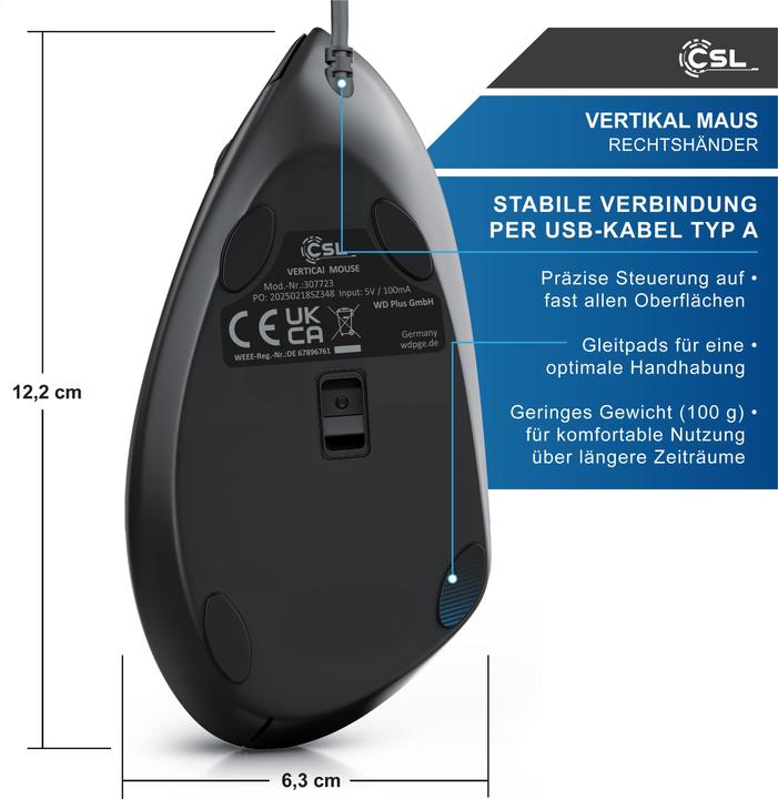 Produktbild CSL Ergonmische Maus USB Vertikalmaus, 6 Tasten, 800-6400 DPI, kabelgebunden, geringes Gewicht, schwarz (Kabelgebunden)