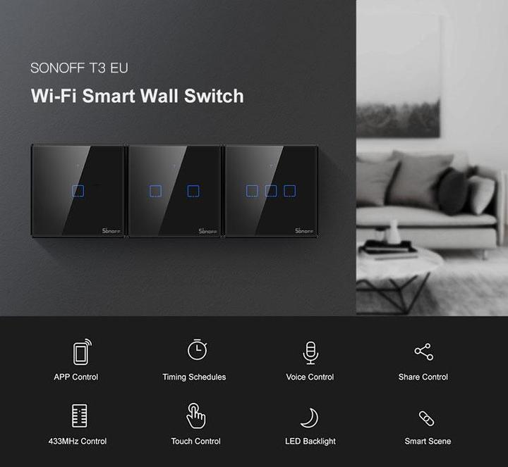 Actual product image Sonoff T3EU2C - 2-gang Wi-Fi Smart Wall Switch - Black