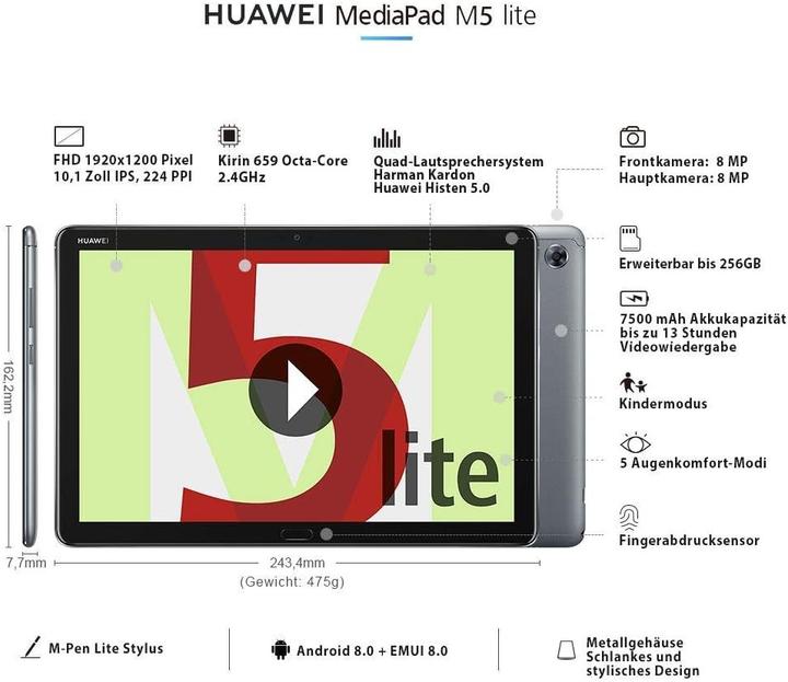 Produktbild Huawei MediaPad M5 Lite (nur WLAN, 10.10", 32 GB, Space Gray)