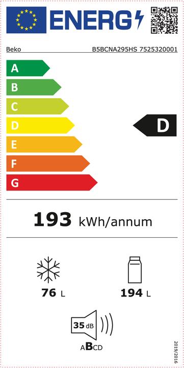 Etichetta energetica Beko B5BCNA295HS (Da incasso, 270 l)