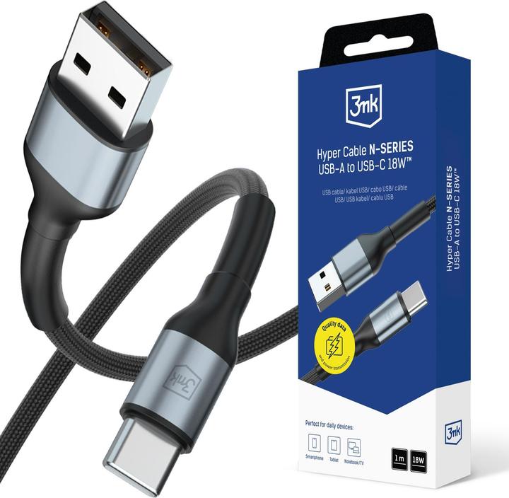 Image du produit 3MK Kabel Hyper Cable N-SERIES USB-A do USB-C 1m 9V/2A 18W czarny (1 m, USB 2.0, 18 W)