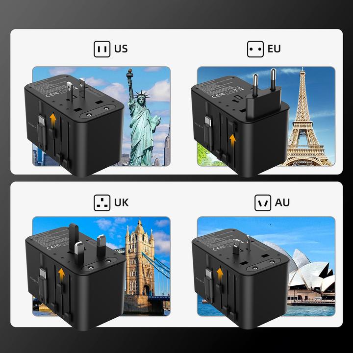 Produktbild Choetech PD5022 70W EU/US/AUS/UK Travel Adapter with Built-in USB-C Cable - Black
