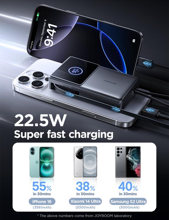 Produktbild Joyroom JR-PR1 22.5W Built-in Retractable Cable Powerbank10000mAh White V1.0 (10000 mAh, 22.50 W, 38.50 Wh)