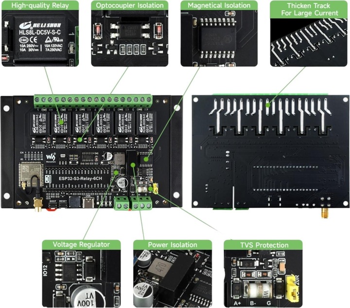 Image du produit WaveShare ESP32-S3 Module relais 6 canaux avec RS485 et Pico Header