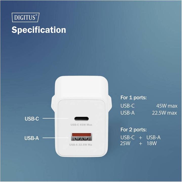 Productafbeelding Digitus USB GaN Charger 45W, 1x USB-C, 1x USB-A (45 W, 2 ports)