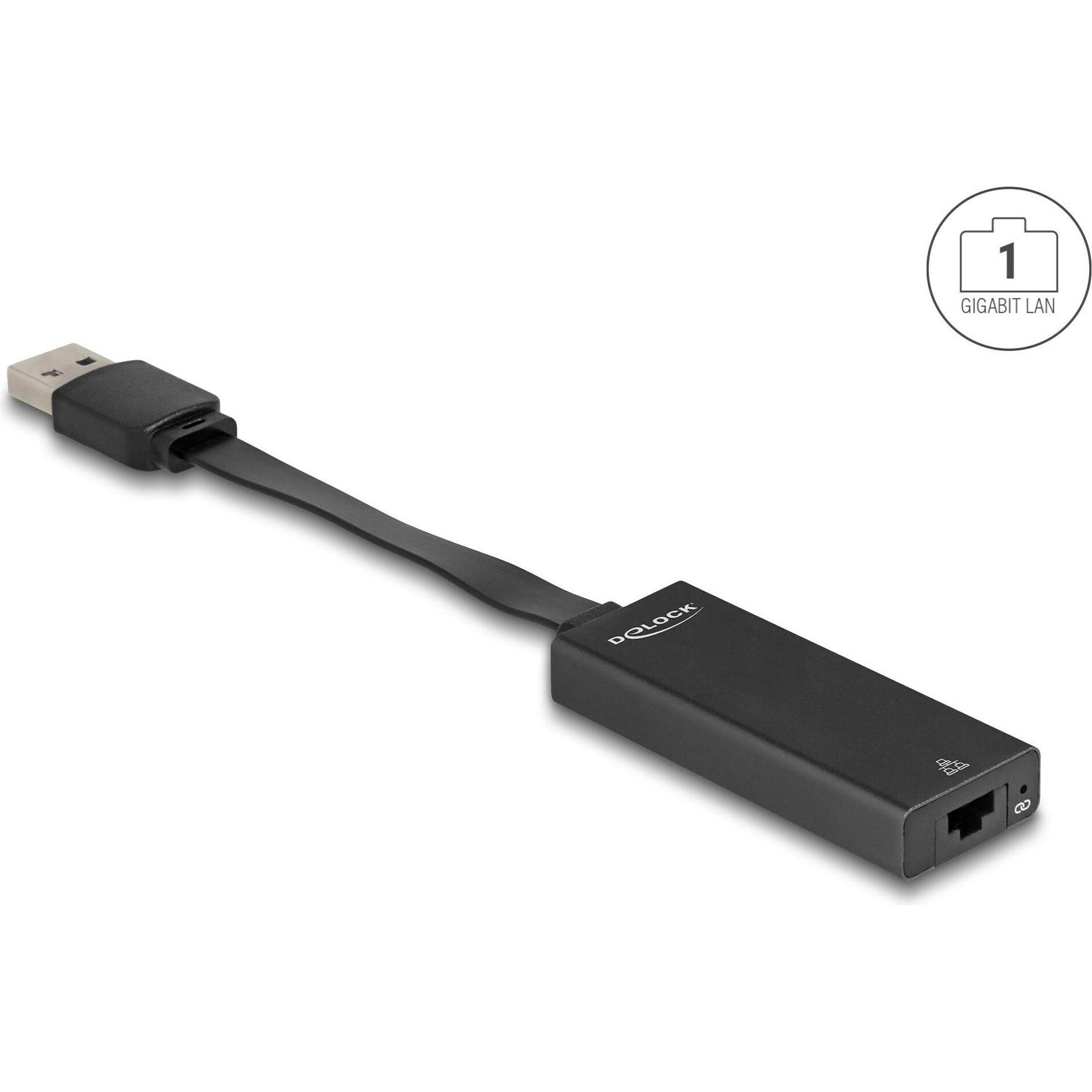Delock USB Typ-A Adapter zu Gigabit LAN slim (USB, RJ45 (1x)), Netzwerkadapter, Schwarz