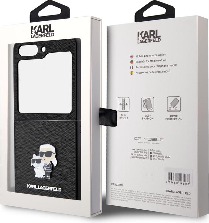 Actual product image Karl Lagerfeld KLHCZF5SAKCNPK Sam Z Flip5 F731 hardcase czarny/black Saffiano Karl&Choupette Pin (Samsung Galaxy Z Flip5)