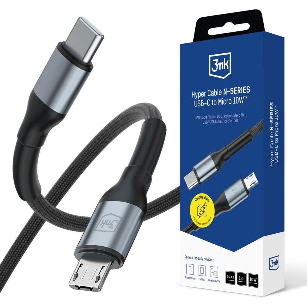 3MK Hyper Cable N-SERIES C to Micro 1m QC 3.0 5V/2A 10W Black (1 m, 10 W), Cavo USB