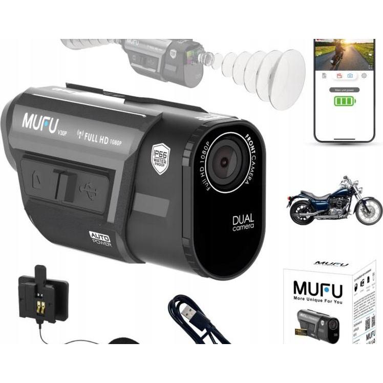 Mufu Wideorejestrator WIDEOREJESTRATOR MOTOCYKLOWY MOTOCAM V30P FULLHD 7H KAMERA NA MOTOCYKL (Full HD), Dashcam, Nero