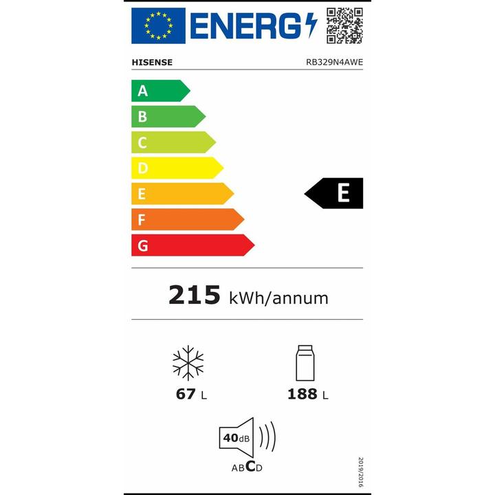 Energy Label Hisense RB329N4AWE koel-vriescombinatie Vrijstaand 255 l E Wit (255 l)