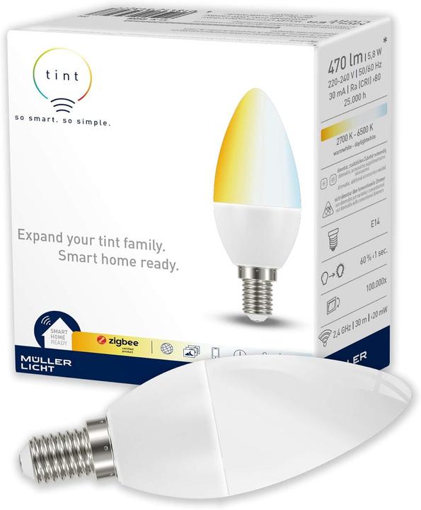 Actual product image Müller Licht E4 LED warm to cold candle shape (E14, 470 lm, 1x)