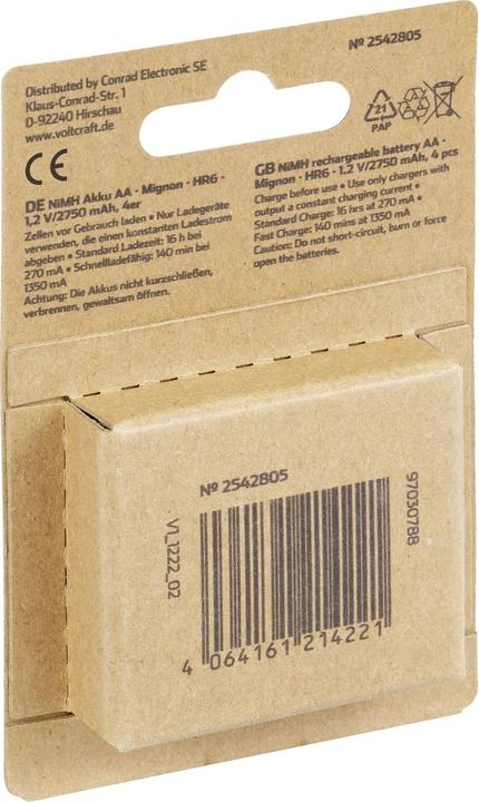 Immagine prodotto Voltcraft HR06 Mignon (AA) ricaricabile NiMH 2750 mAh 1,2 V 4 pz. (4 pz., 2750 mAh)
