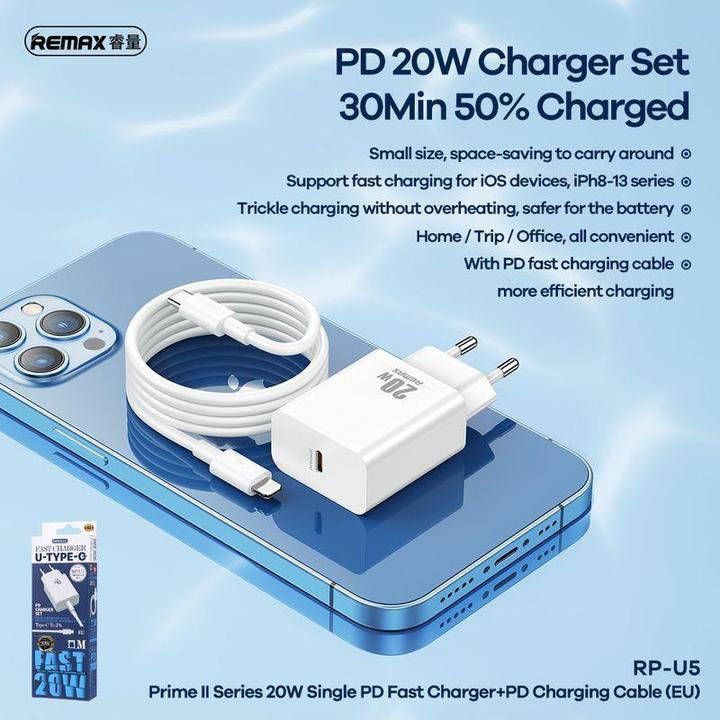 Actual product image Remax Wall charger, RP-U5, USB-C, 20W (white) + Lightning cable (20 W, 1 portion)