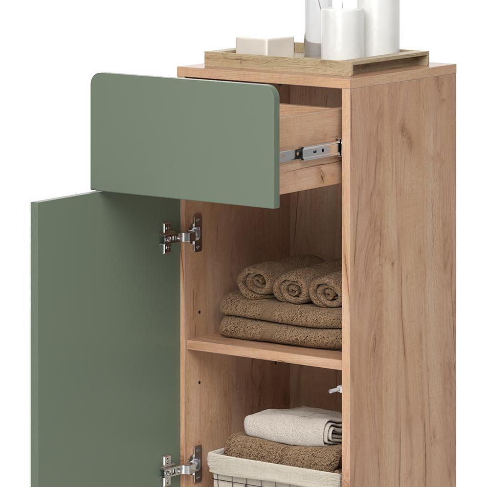 Thumbnail - Vichy, Regal, Midischrank Izan, Goldkraft Eiche/Grün, 36.6 x 76.6 cm mit Schublade und Tür