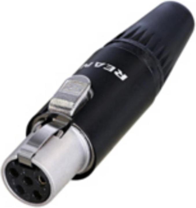 Actual product image Rean 5 pole chassis connector, TINY, IP65, solder cups, chrome housing, gold contacts