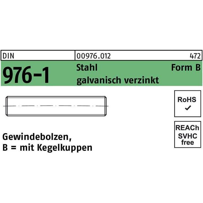 Reyher, Zubehör Befestigungstechnik, Gewindebolzen DIN 976 m.Kegelkuppen BM 10 x 45 Stahl galvanisch verzinkt