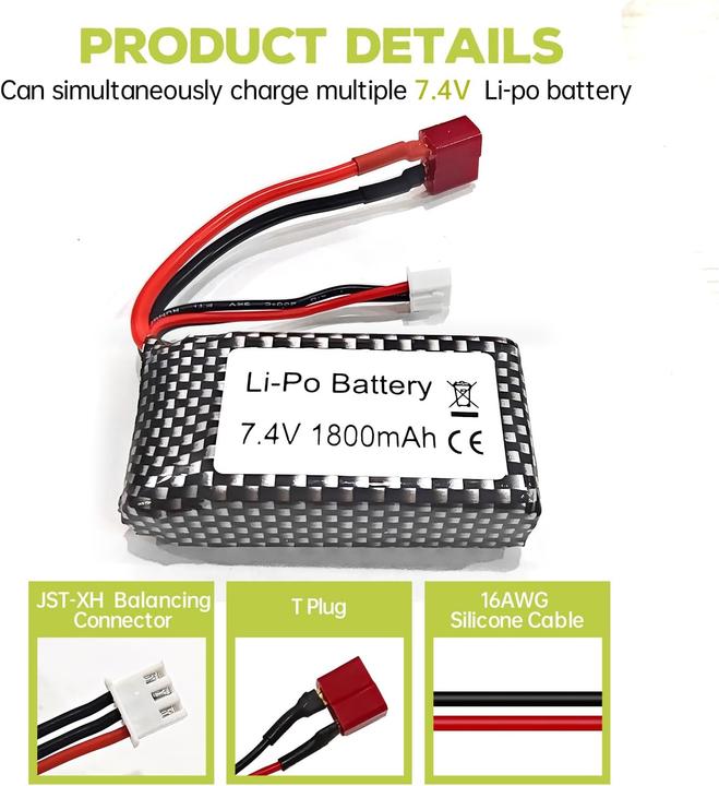 Produktbild Bllrc 2-teiliges Lipoakku-Set 7.4V 1800mAh mit Ladegerät (7.40 V, 1800 mAh)