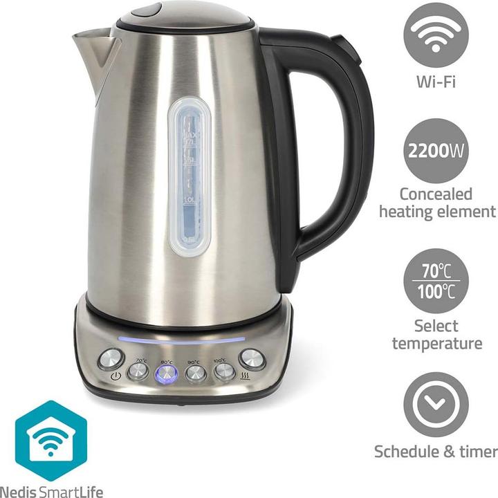 Produktbild Nedis SmartLife Wasserkocher Wi-Fi | 1,70 l | Edelstahl | 70,80,90,100 °C | Temperaturanzeige | Um 3 (1.70 l)