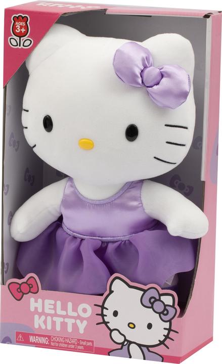 Actual product image Giochi Preziosi Hello Kitty Soft Plush Toy 30 cm High with Fashionable Outfit, Purple Satin Dress an (30 cm)