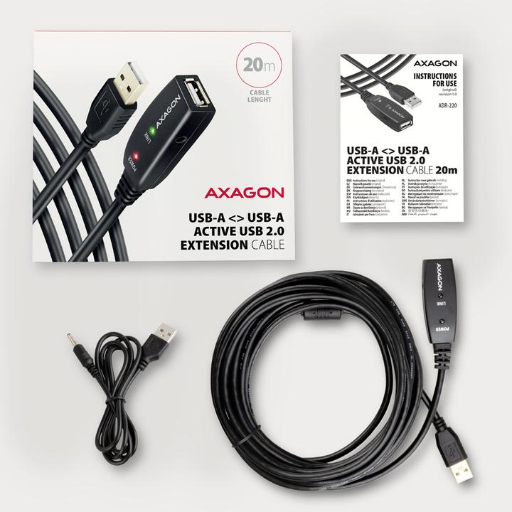 Image du produit Axagon ADR-220 Rallonge active USB 2.0, USB-A mâle/femelle - 20m (20 m, USB 2.0)