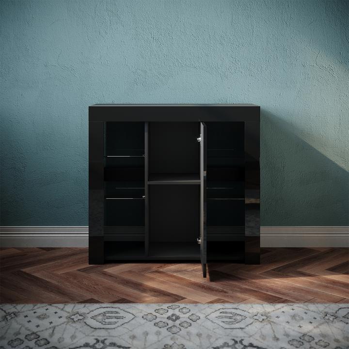 Actual product image SONNI sideboard, kitchen cabinet with LED lighting (adjustable in 12 colors), black high gloss, stor
