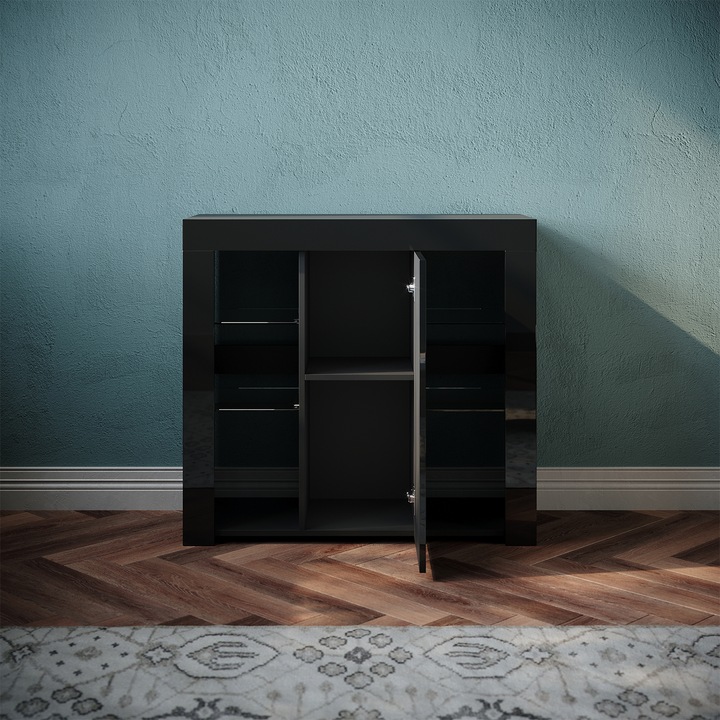 Image du produit SONNI Buffet, meuble de cuisine avec éclairage LED (réglable en 12 couleurs), noir brillant, meuble