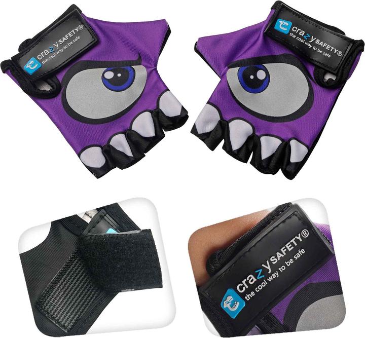 Immagine prodotto Crazy Safety Guanti da bici per bambini viola con occhi riflettenti e palmi imbottiti - Viola - Taglia S (S)
