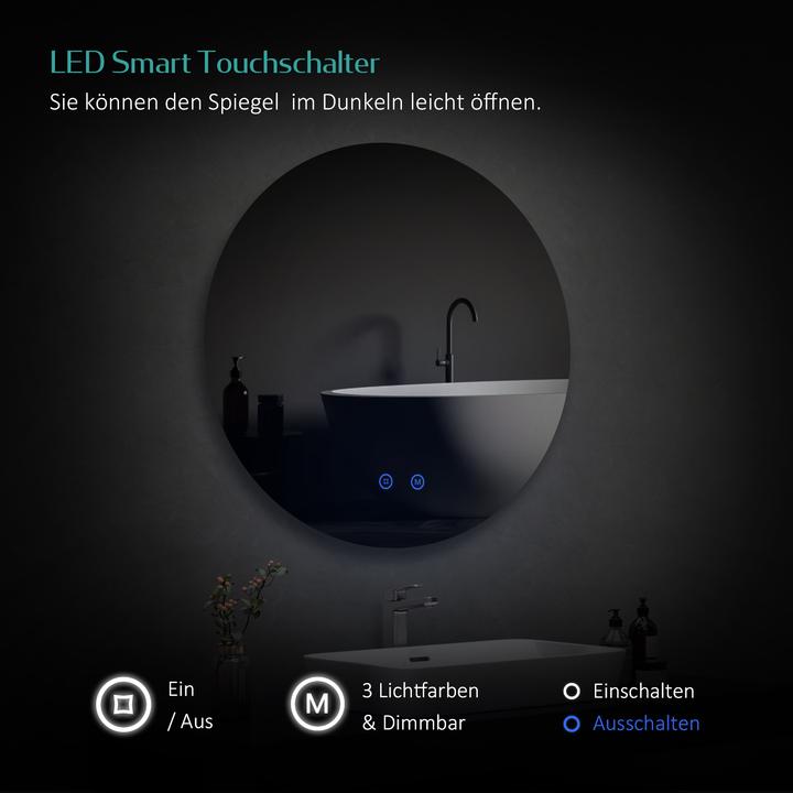 Produktbild Emke Badspiegel mit Beleuchtung Φ60cm, 3 Farbtemperaturen(3000K-6500K) und dimmbaren, Touch Schalter