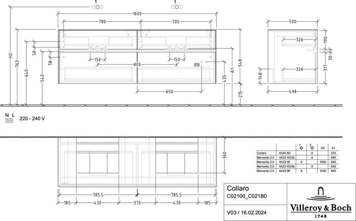 Image du produit Villeroy & Boch Collaro meuble à lavabo 1600x548x500 mm, 4 tiroirs, pour 2 lavabos, C02100