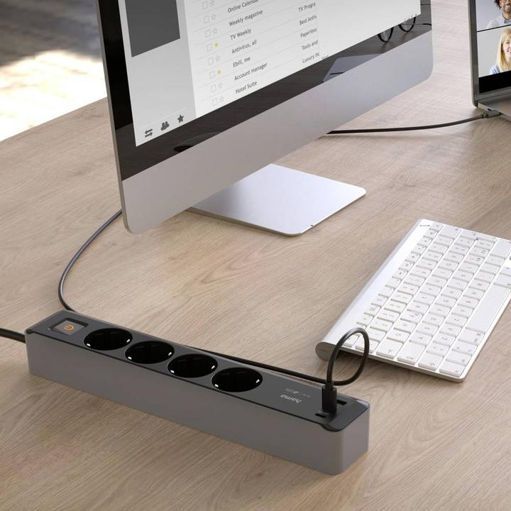 Image du produit Hama Prises multiples, 4x, USB-C/A 65W, PD, interrupteur, 1,4 m, noir/gris (4 x, CEE 7/3, 1.40 m)