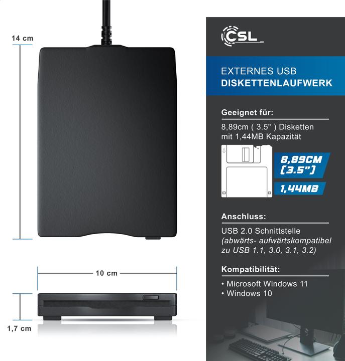 Produktbild CSL Externes Diskettenlaufwerk, USB-A/C Schnittstelle, Plug and Play, kompatibel mit Windows, Floppy