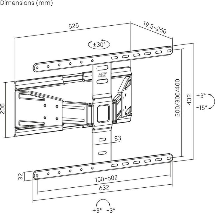 Actual product image ACT Full motion TV Wall Mount, 43" up to 90", ultra slim, VESA (Wall, 50 kg, 43" - 90")