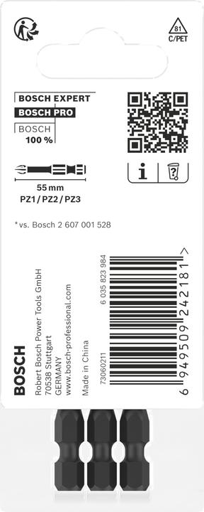 Actual product image Bosch Professional Zubehör PRO Pozidriv Impact Bit, PZ1, PZ2, PZ3, 55 mm, 3 pcs. (PZ3, PZ2, PZ1)