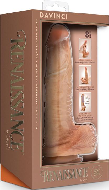 Productafbeelding Blush Renaissance Davinci Schuifbare Voorhuid Dildo met Knijpbare Ballen Tan Vlees 20,3 cm