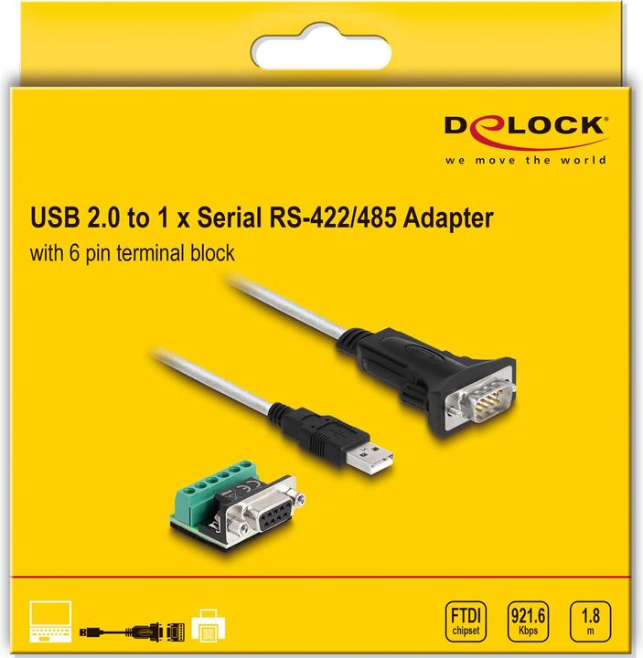Actual product image Delock Adapter USB 2.0 type-A to 1 x serial RS-422/485 plug with 6 pin terminal block adapter 5 V 1.8 m (1.80 m)