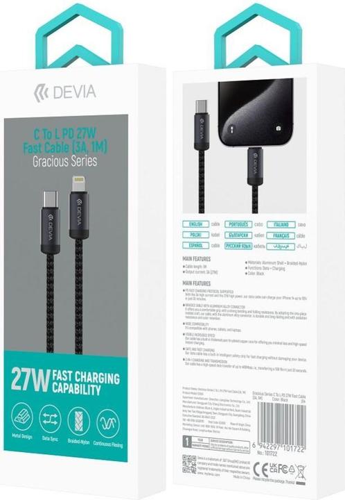 Actual product image Devia cable Gracious EC645 PD USB-C - Lightning 1,0 m 27W 3A black (1 m, 27 W)