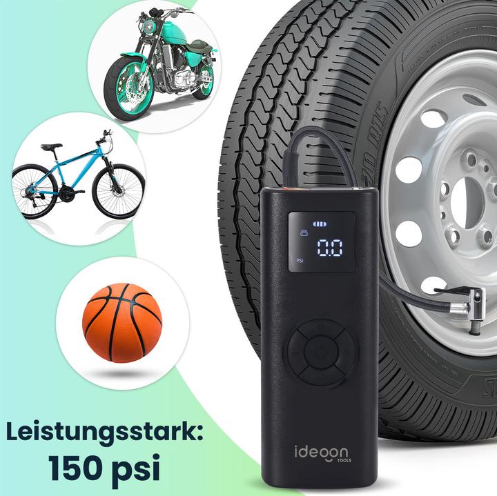 Actual product image Ideoon Ultrakompakte Akku-Kompressor-Luftpumpe, 150 psi, LCD-Display, 4.000 mAh, 35 Watt